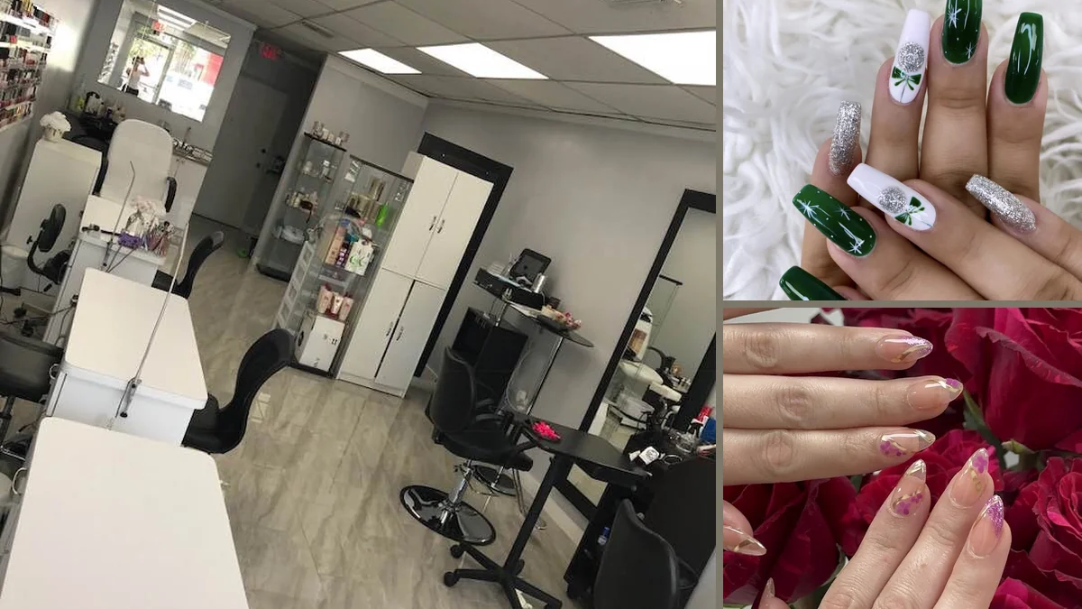 Nail art tools beside finished manicures