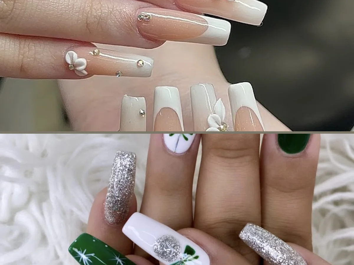 Nail art tools beside finished manicures